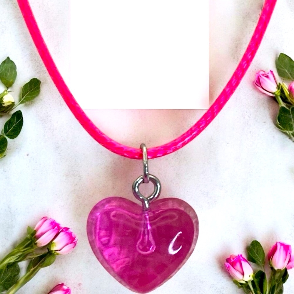 Heart Acrylic Pink Necklace With Pink 16” & 2” Ext Heart & Love Valentine